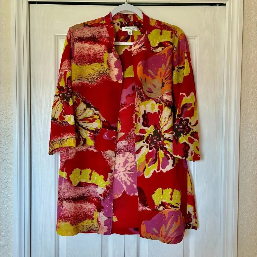 Coldwater Creek Cardigan M Floral Silk Wool Artsy Layering Lightweight Jacket